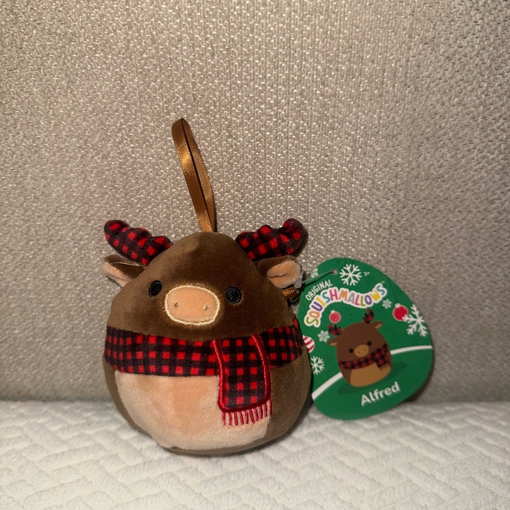 Squishmallows Festive Brown Reindeer Ornament with Plaid Scarf